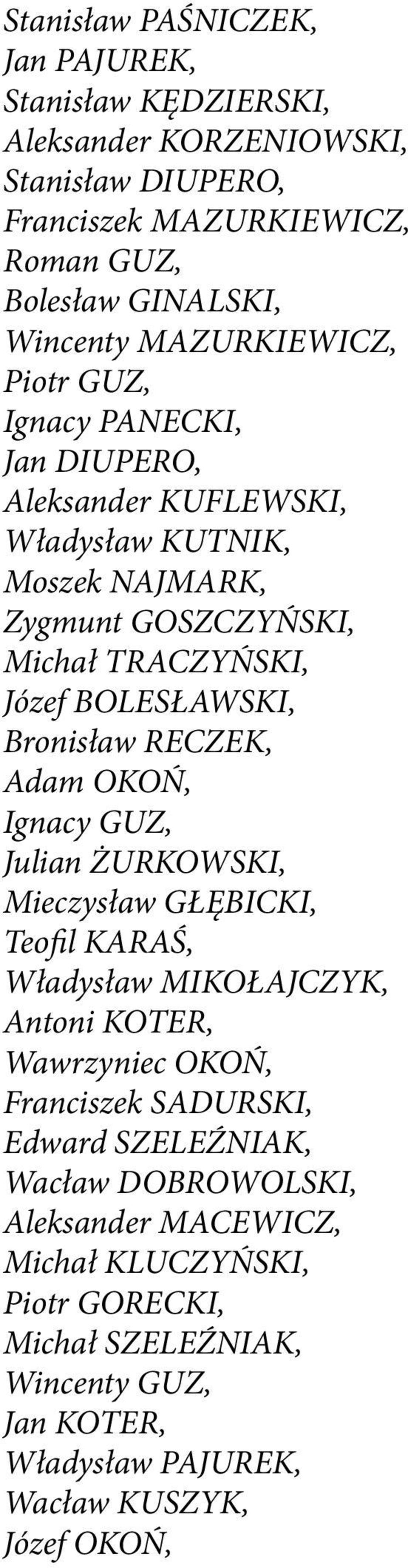 Bronisław RECZEK, Adam OKOŃ, Ignacy GUZ, Julian ŻURKOWSKI, Mieczysław GŁĘBICKI, Teofil KARAŚ, Władysław MIKOŁAJCZYK, Antoni KOTER, Wawrzyniec OKOŃ, Franciszek SADURSKI,