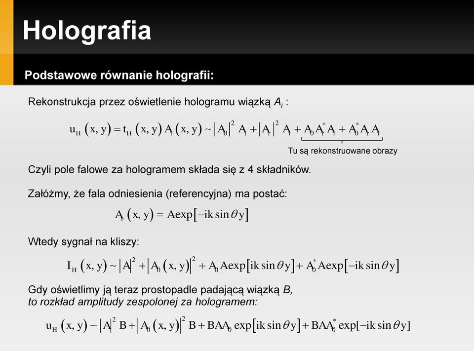 A x y A A A A A A A A A A Czyli pole falowe za hologramem składa się z 4 składników.