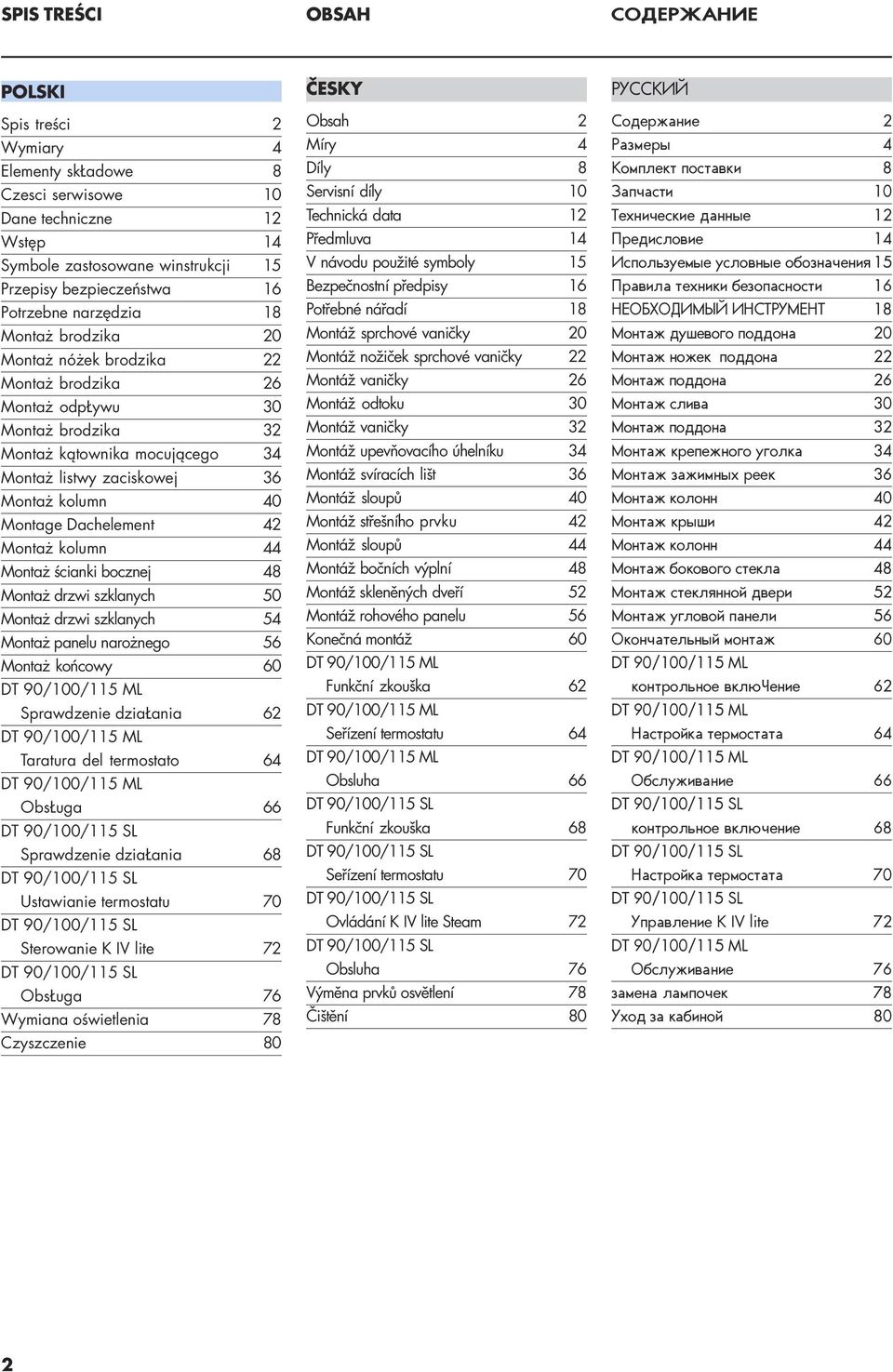 Dachelement 42 Montaż kolumn 44 Montaż ścianki bocznej 48 Montaż drzwi szklanych 50 Montaż drzwi szklanych 54 Montaż panelu narożnego 56 Montaż końcowy 60 DT 90/00/5 ML Sprawdzenie działania 62 DT