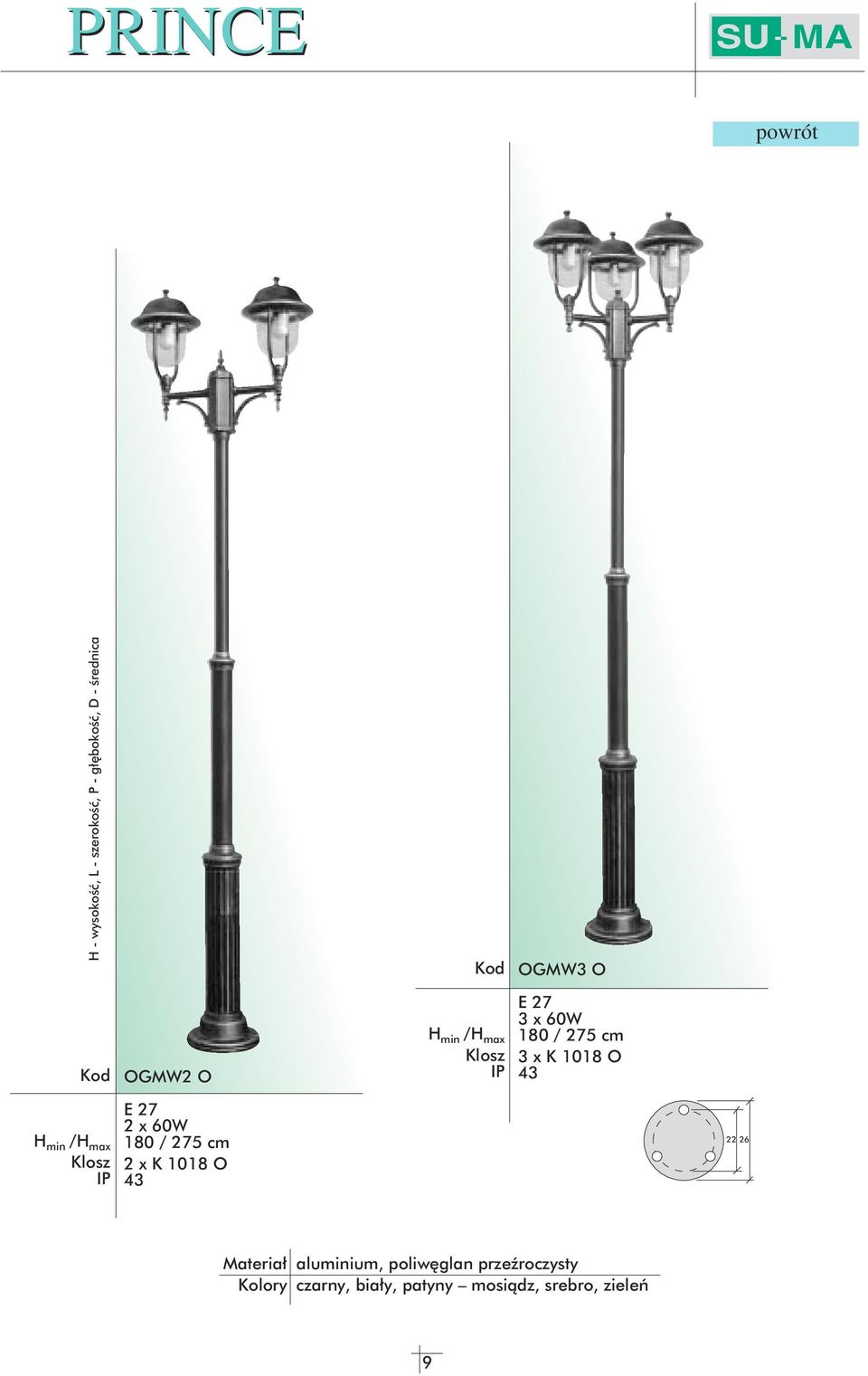 275 cm 2 x K 1018 O 43 22 26 aluminium, poliwęglan