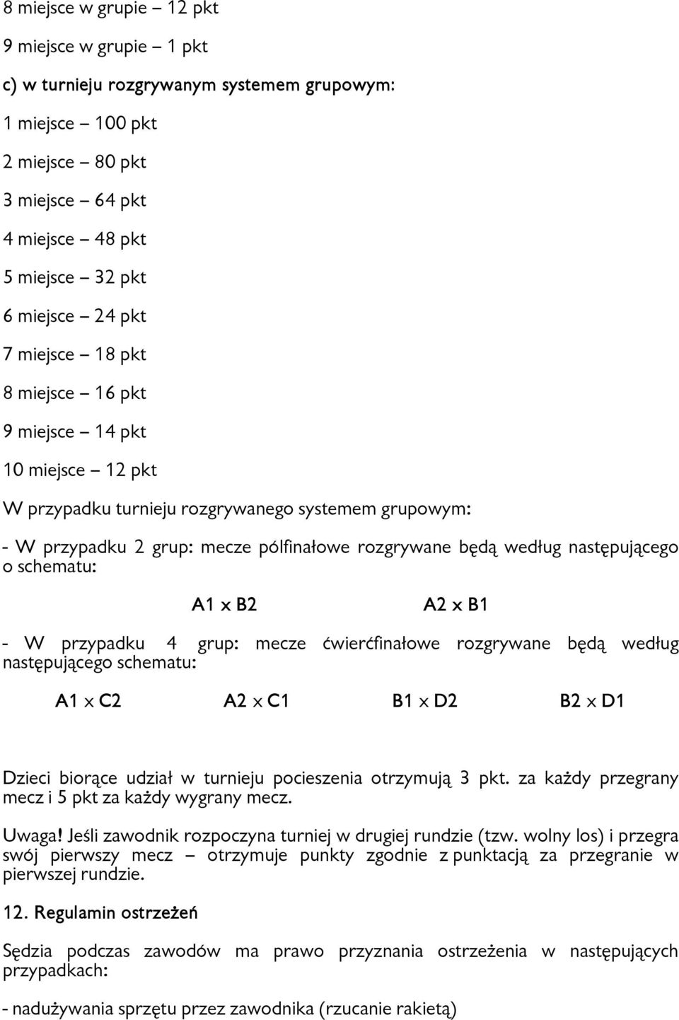 o schematu: A1 x B2 A2 x B1 - W przypadku 4 grup: mecze ćwierćfinałowe rozgrywane będą według następującego schematu: A1 x C2 A2 x C1 B1 x D2 B2 x D1 Dzieci biorące udział w turnieju pocieszenia