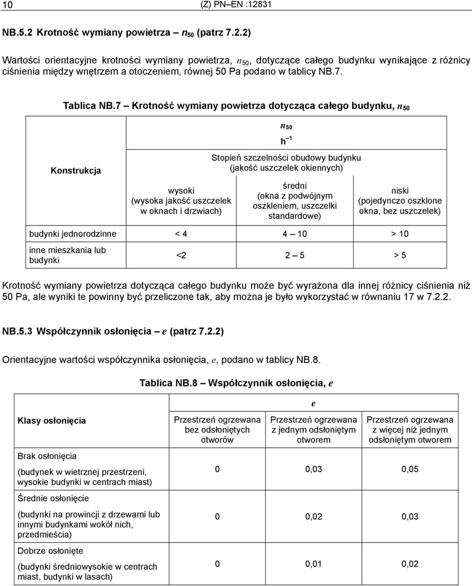 7 Krotność wymiany powietrza dotycząca całego budynku, n50 Konstrukcja wysoki (wysoka jakość uszczelek w oknach i drzwiach) n 50 h 1 Stopień szczelności obudowy budynku (jakość uszczelek okiennych)