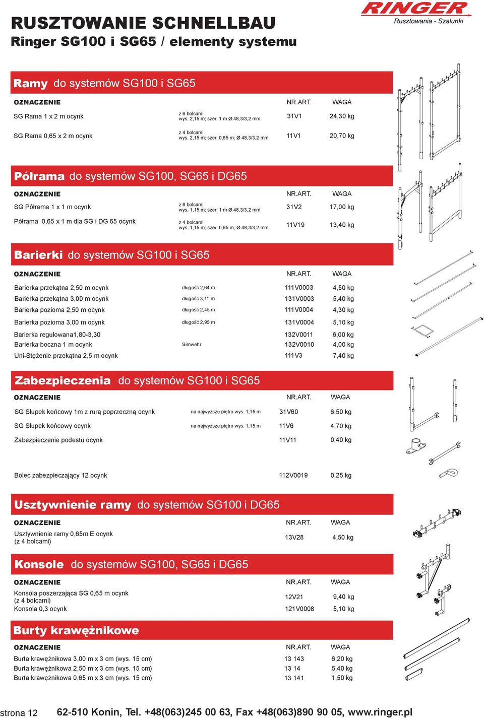 1 m Ø 48,3/3,2 mm 31V2 17,00 kg Półrama 0,65 x 1 m dla SG i DG 65 ocynk z 4 bolcami wys. 1,15 m; szer.