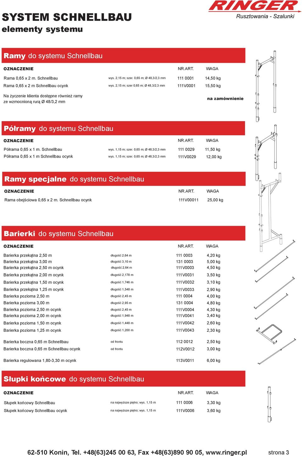 Schnellbau wys. 1,15 m; szer. 0,65 m; Ø 48,3/2,3 mm 111 0029 11,50 kg Półrama 0,65 x 1 m Schnellbau ocynk wys. 1,15 m; szer. 0,65 m; Ø 48,3/2,3 mm 111V0029 12,00 kg Ramy specjalne do systemu Schnellbau Rama obejściowa 0,65 x 2 m.