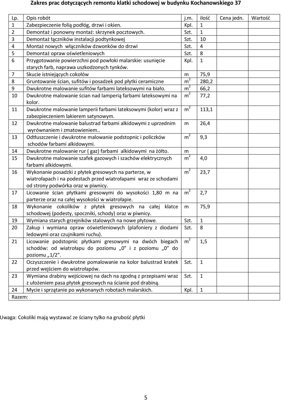 8 7 Skucie istniejących cokołów m 75,9 8 Gruntowanie ścian, sufitów i posadzek pod płytki ceramiczne m 2 280,2 9 Dwukrotne malowanie sufitów farbami lateksowymi na biało.