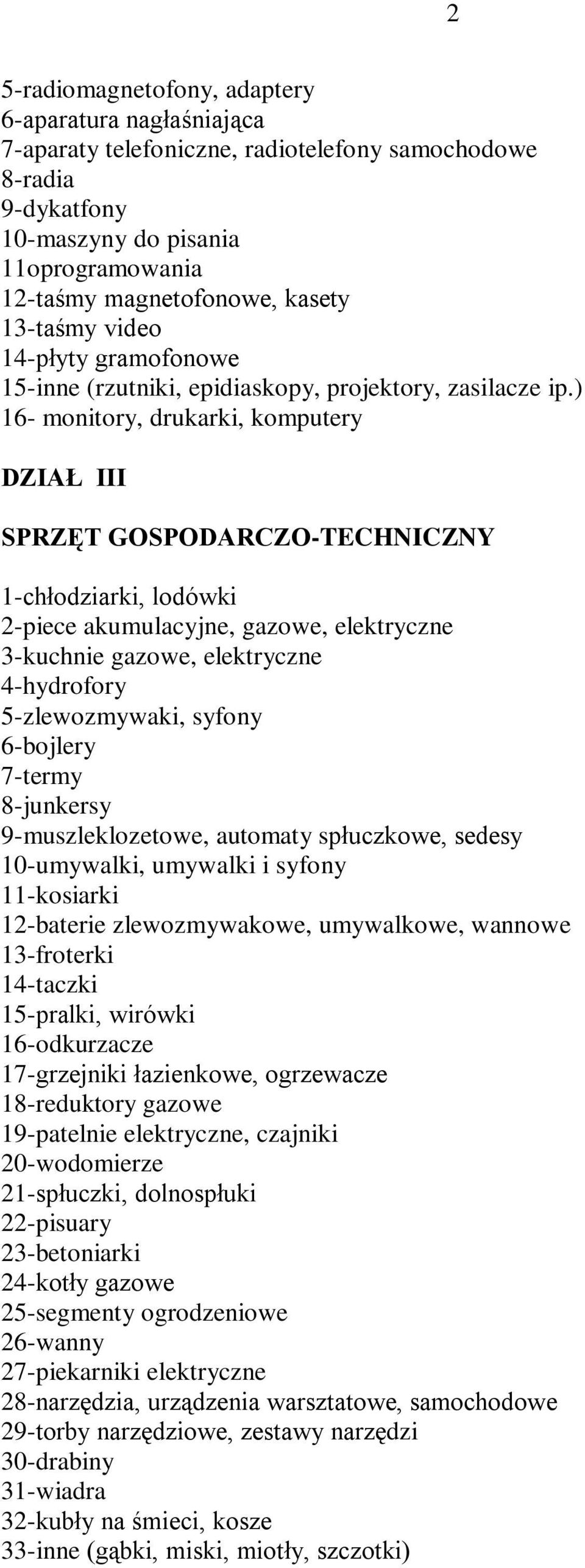 ) 16- monitory, drukarki, komputery DZIAŁ III SPRZĘT GOSPODARCZO-TECHNICZNY 1-chłodziarki, lodówki 2-piece akumulacyjne, gazowe, elektryczne 3-kuchnie gazowe, elektryczne 4-hydrofory 5-zlewozmywaki,