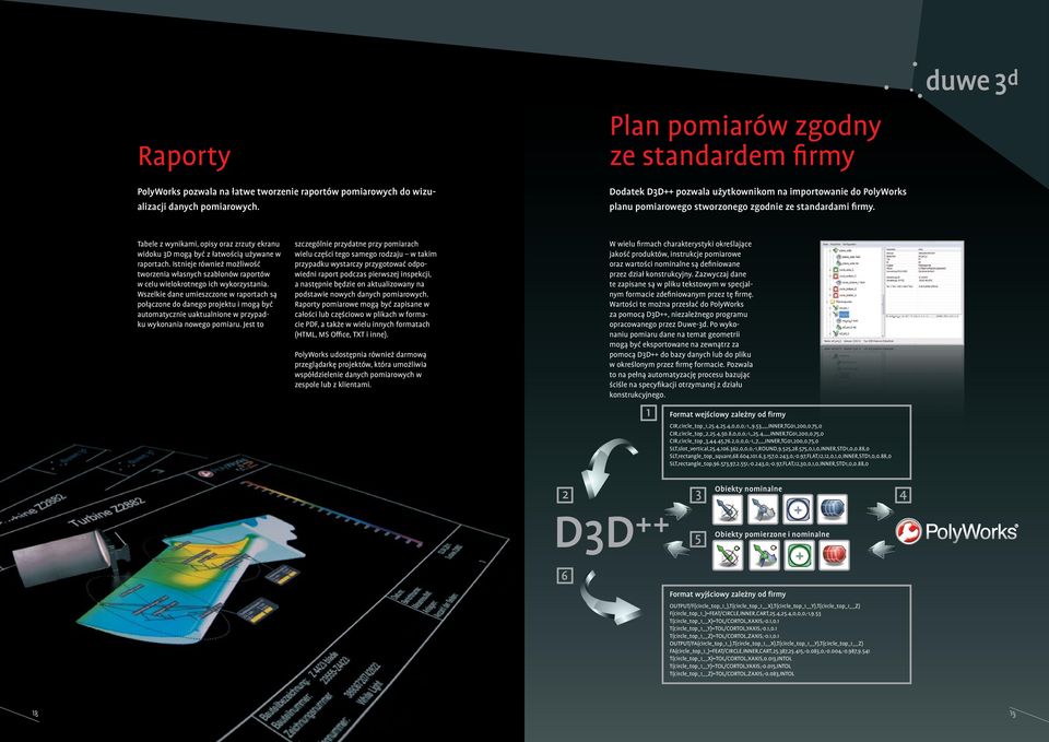 Tabele z wynikami, opisy oraz zrzuty ekranu widoku 3D mogą być z łatwością używane w raportach. Istnieje również możliwość tworzenia własnych szablonów raportów w celu wielokrotnego ich wykorzystania.