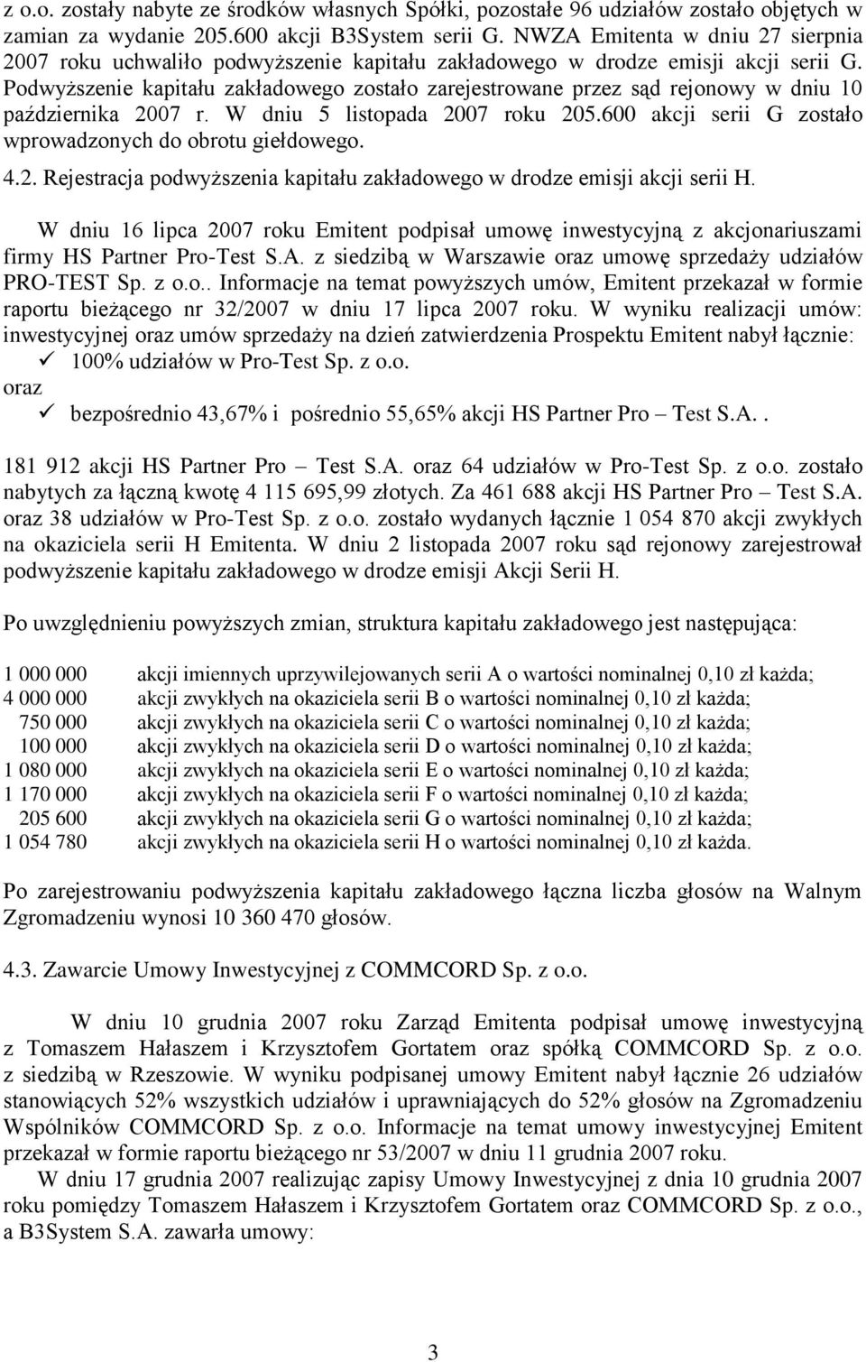 Podwyższenie kapitału zakładowego zostało zarejestrowane przez sąd rejonowy w dniu 10 października 2007 r. W dniu 5 listopada 2007 roku 205.