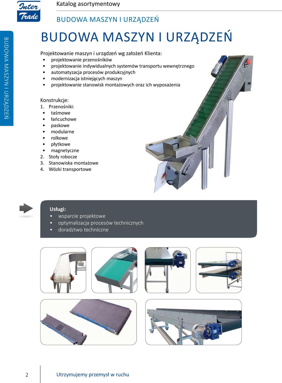 stanowisk montażowych oraz ich wyposażenia Konstrukcje: 1. przenośniki: taśmowe łańcuchowe paskowe modularne rolkowe płytkowe magnetyczne 2.