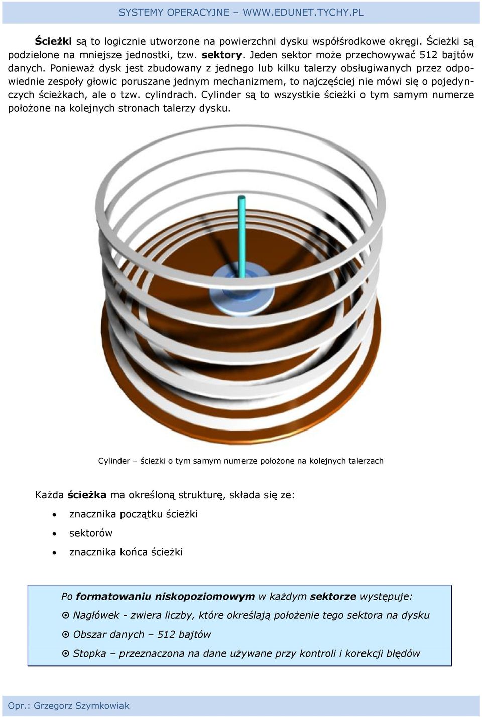 cylindrach. Cylinder są to wszystkie ścieżki o tym samym numerze położone na kolejnych stronach talerzy dysku.