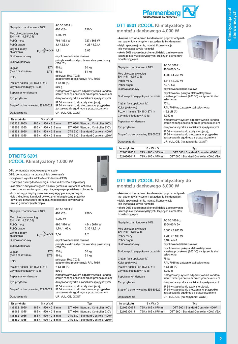 warstwą proszkową (200 C) (bez opakowania) Kolor Poziom hałasu (EN ISO 3741) Czynnik chłodzący R134a Separator kondensatu według EN 60529 DTI 55 kg 50 kg DTS 56 kg 51 kg pokrywa: RAL 7035; adapter