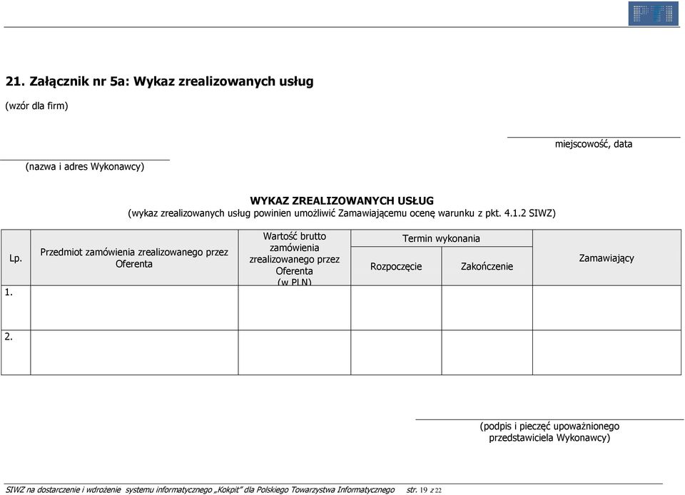 Przedmiot zamówienia zrealizowanego przez Oferenta Wartość brutto zamówienia zrealizowanego przez Oferenta (w PLN) Rozpoczęcie Termin wykonania