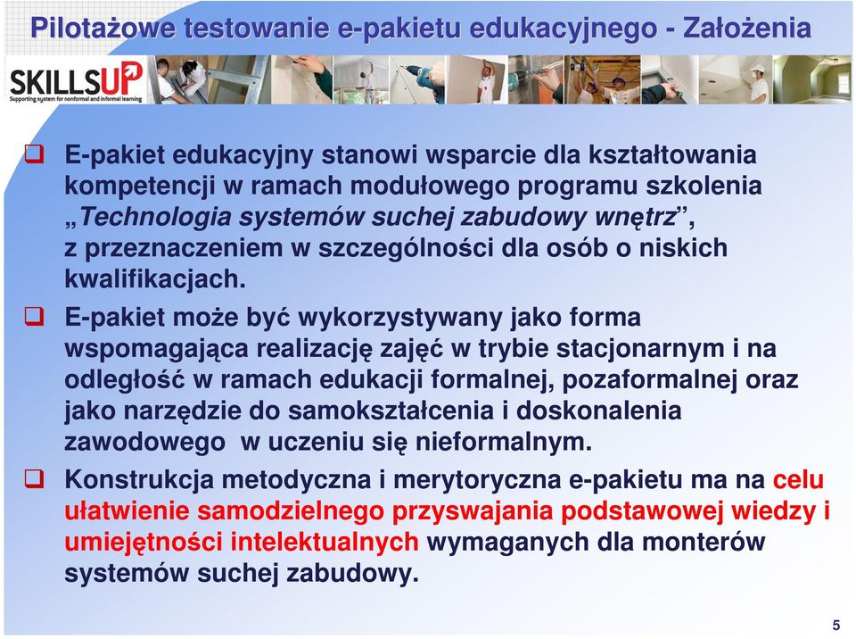 E-pakiet może być wykorzystywany jako forma wspomagająca realizację zajęć w trybie stacjonarnym i na odległość w ramach edukacji formalnej, pozaformalnej oraz jako narzędzie do