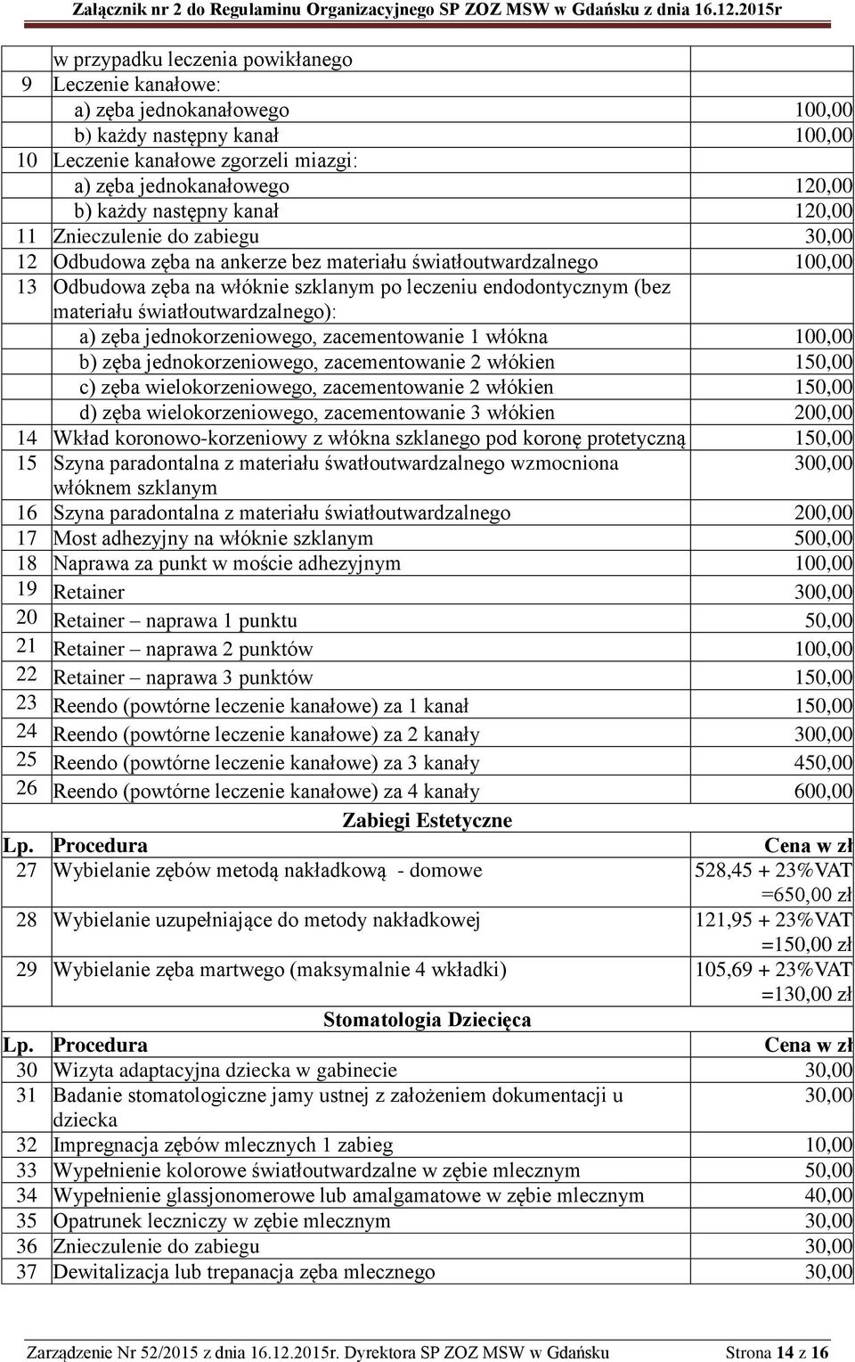 materiału światłoutwardzalnego): a) zęba jednokorzeniowego, zacementowanie 1 włókna 100,00 b) zęba jednokorzeniowego, zacementowanie 2 włókien 150,00 c) zęba wielokorzeniowego, zacementowanie 2