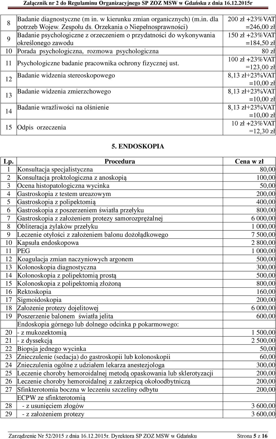 psychologiczna 80 zł 100 zł +23%VAT 11 Psychologiczne badanie pracownika ochrony fizycznej ust.