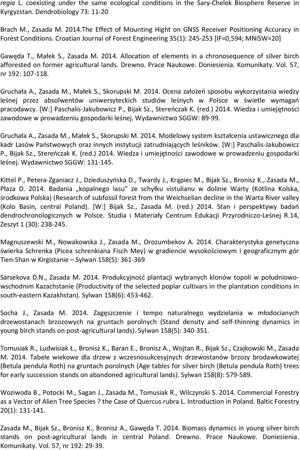 Allocation of elements in a chronosequence of silver birch afforested on former agricultural lands. Drewno. Prace Naukowe. Doniesienia. Komunikaty. Vol. 57, nr 192: 107-118. Gruchała A., Zasada M.