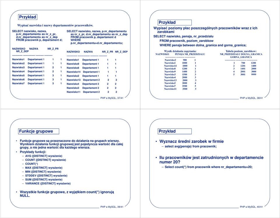 1 Nazwisko3 Departament 1 2 1 Nazwisko4 Departament 1 2 1 Nazwisko5 Departament 1 3 1 Nazwisko6 Departament 1 3 1 Nazwisko7 Departament 1 3 1 SELECT nazwisko, nazwa, p.nr_departamentu as nr_z_pr, d.