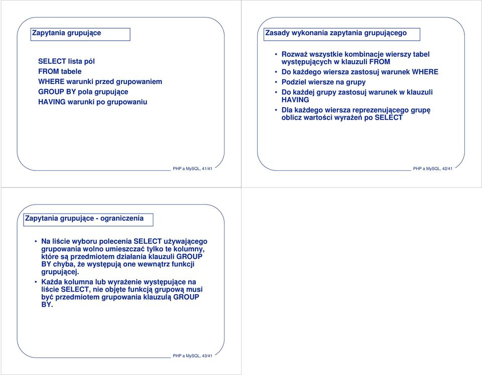 reprezenującego grupę oblicz wartości wyrażeń po SELECT PHP a MySQL, 41/41 PHP a MySQL, 42/41 Zapytania grupujące - ograniczenia Na liście wyboru polecenia SELECT używającego grupowania wolno