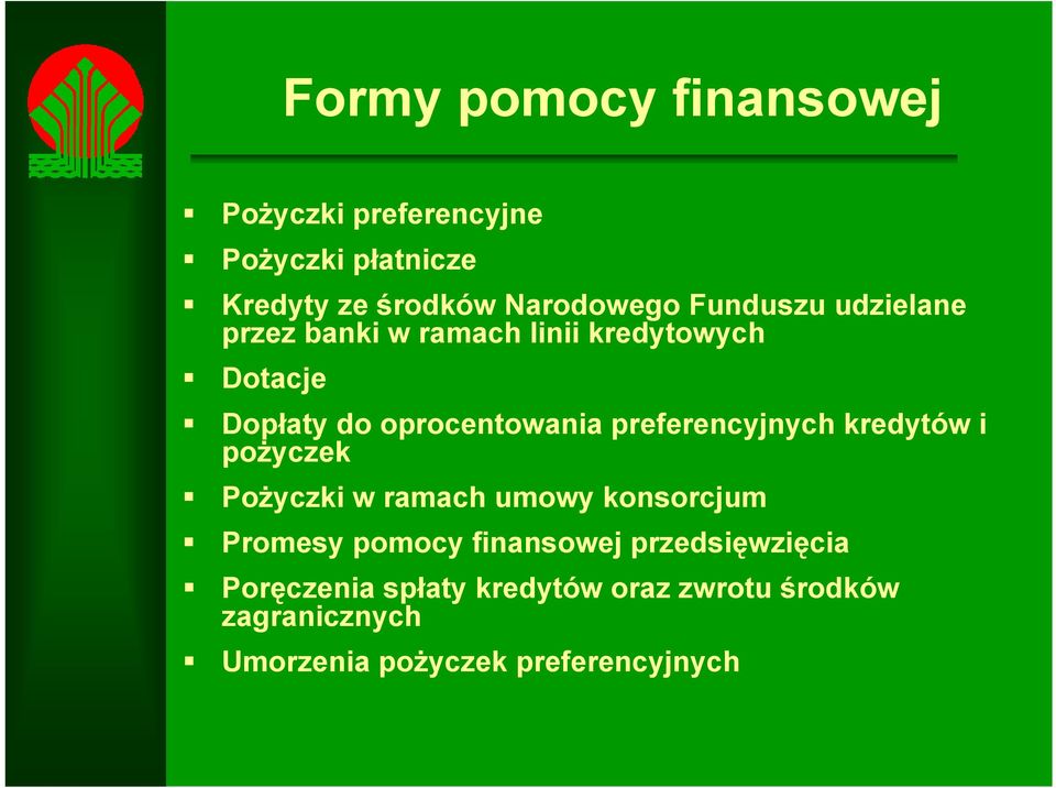 preferencyjnych kredytów i pożyczek Pożyczki w ramach umowy konsorcjum Promesy pomocy finansowej