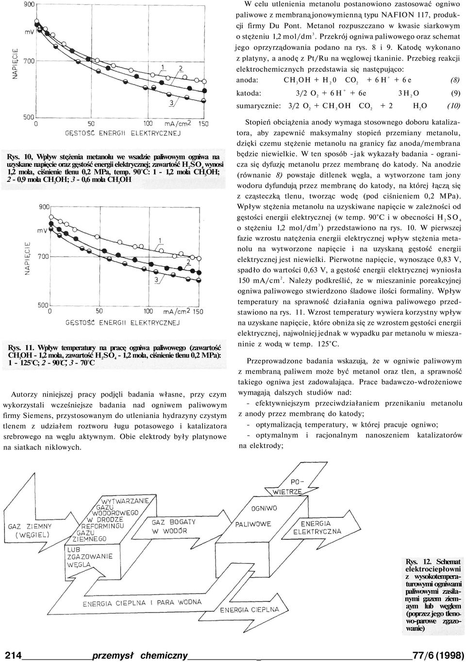 Przebieg reakcji elektrochemicznych przedstawia się następująco: anoda: CH 3 OH + H 2 0 CO 2 + 6 H + + 6 e (8) katoda: 3/2 O 2 + 6H + + 6e 3H 2 O (9) sumarycznie: 3/2 O 2 + CH 3 OH CO 2 + 2 H 2 O