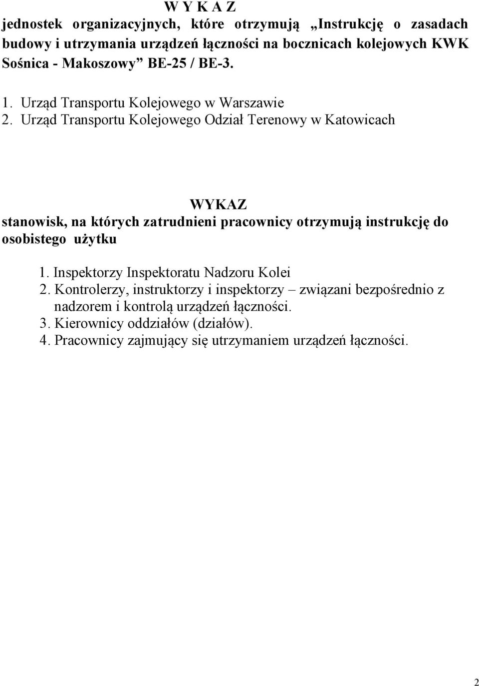 Urząd Transportu Kolejowego Odział Terenowy w Katowicach WYKAZ stanowisk, na których zatrudnieni pracownicy otrzymują instrukcję do osobistego użytku 1.