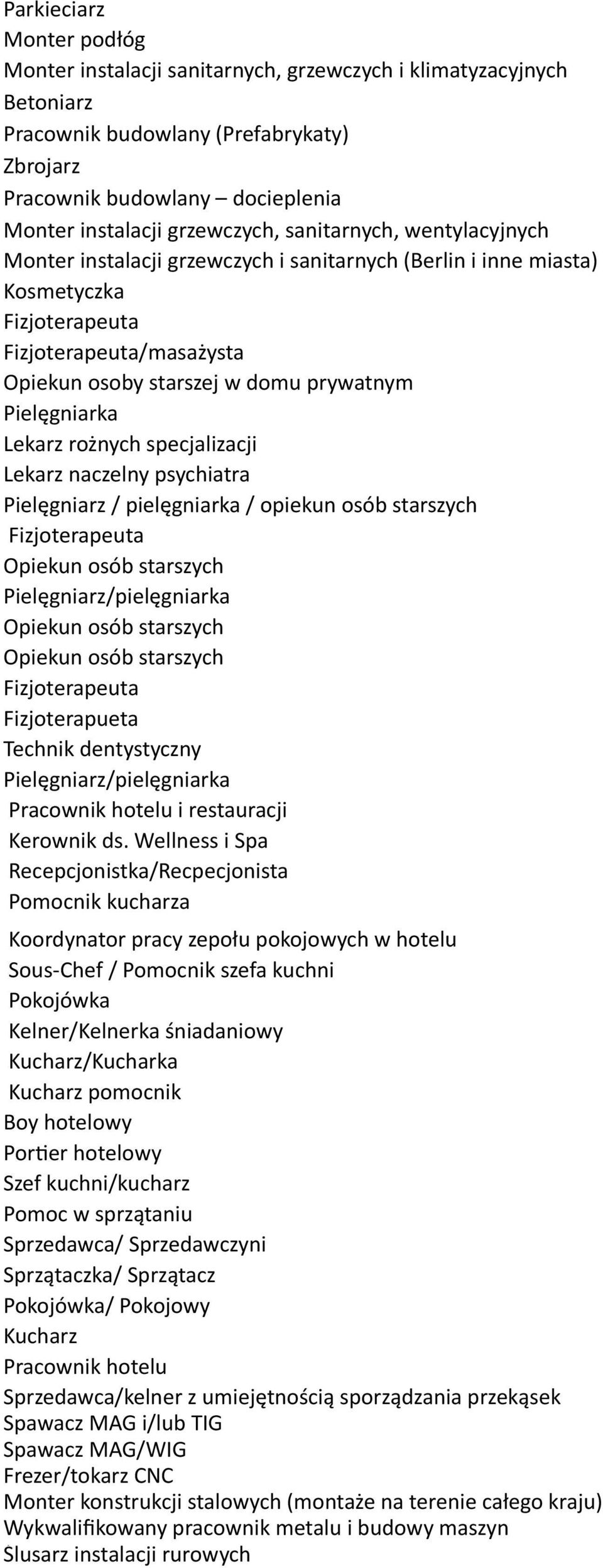 Pielęgniarka Lekarz rożnych specjalizacji Lekarz naczelny psychiatra Pielęgniarz / pielęgniarka / opiekun osób starszych Fizjoterapeuta Opiekun osób starszych Pielęgniarz/pielęgniarka Opiekun osób