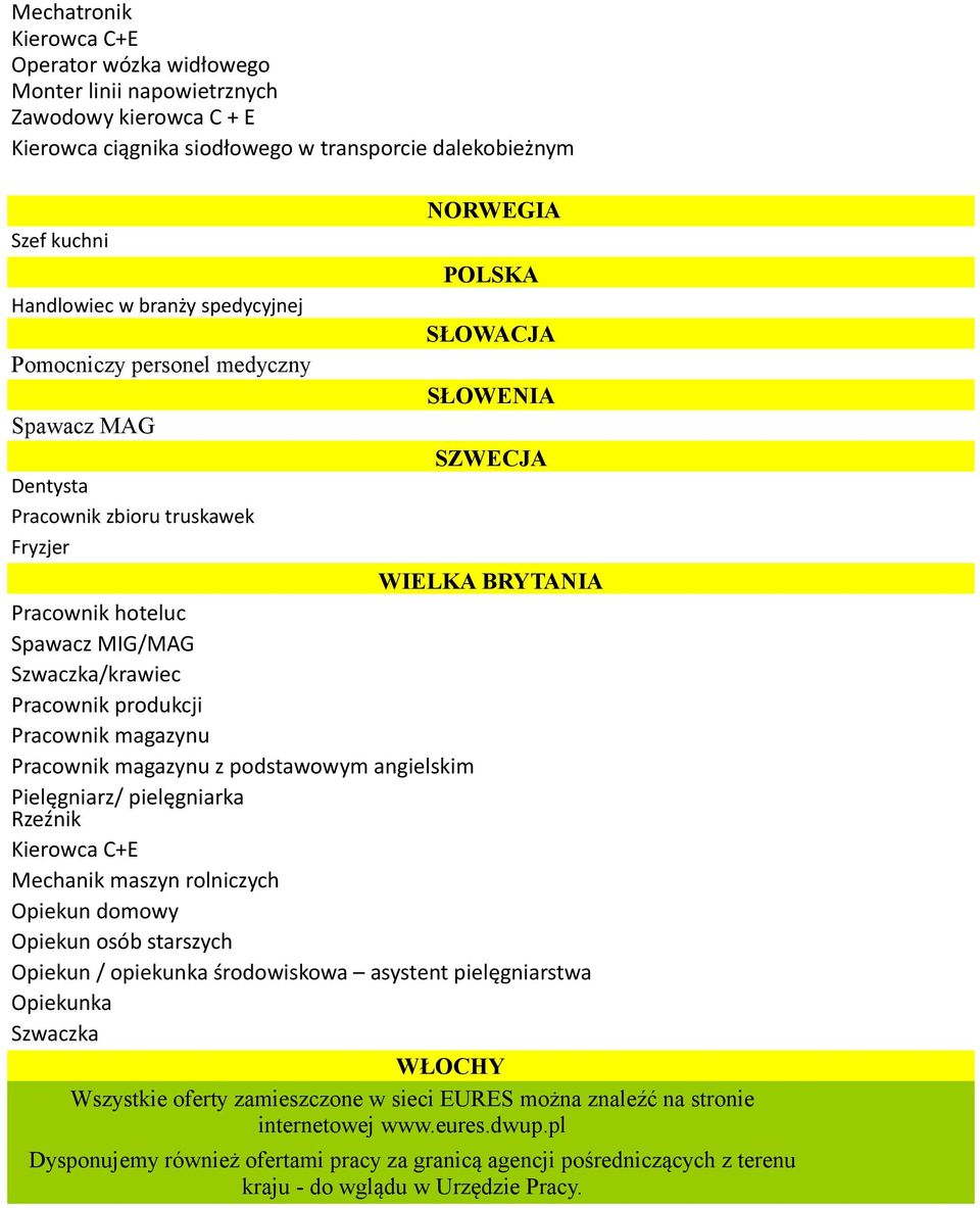 Szwaczka/krawiec Pracownik produkcji Pracownik magazynu Pracownik magazynu z podstawowym angielskim Pielęgniarz/ pielęgniarka Rzeźnik Kierowca C+E Mechanik maszyn rolniczych Opiekun domowy Opiekun