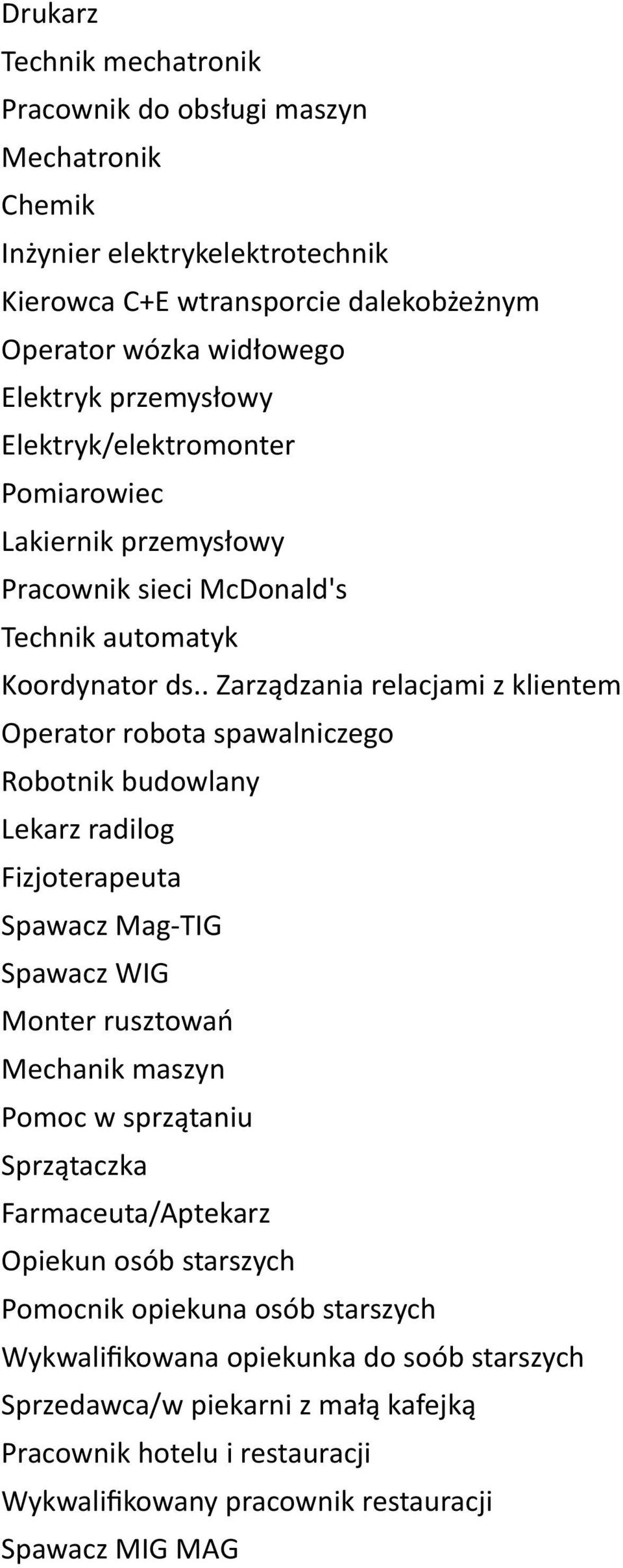 . Zarządzania relacjami z klientem Operator robota spawalniczego Robotnik budowlany Lekarz radilog Fizjoterapeuta Spawacz Mag-TIG Spawacz WIG Monter rusztowań Mechanik maszyn Pomoc w
