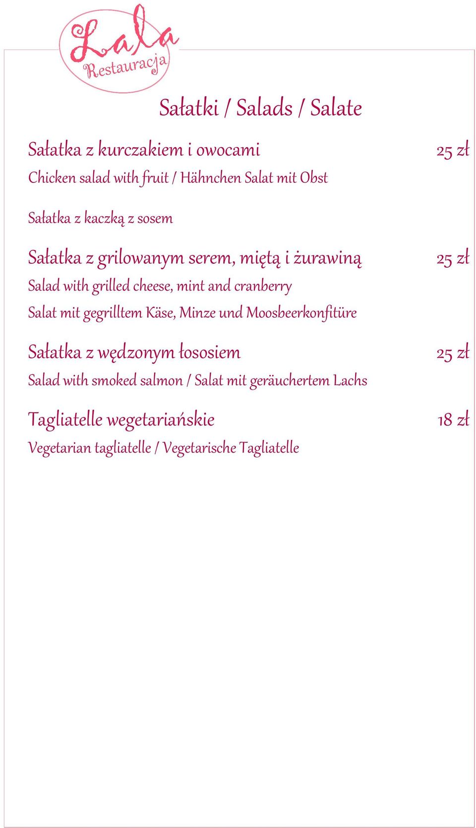 mit gegrilltem Käse, Minze und Moosbeerkonfitüre Sałatka z wedzonym łososiem Salad with smoked salmon / Salat mit