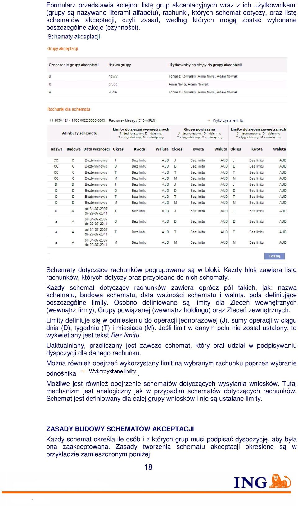 Każdy blok zawiera listę rachunków, których dotyczy oraz przypisane do nich schematy.