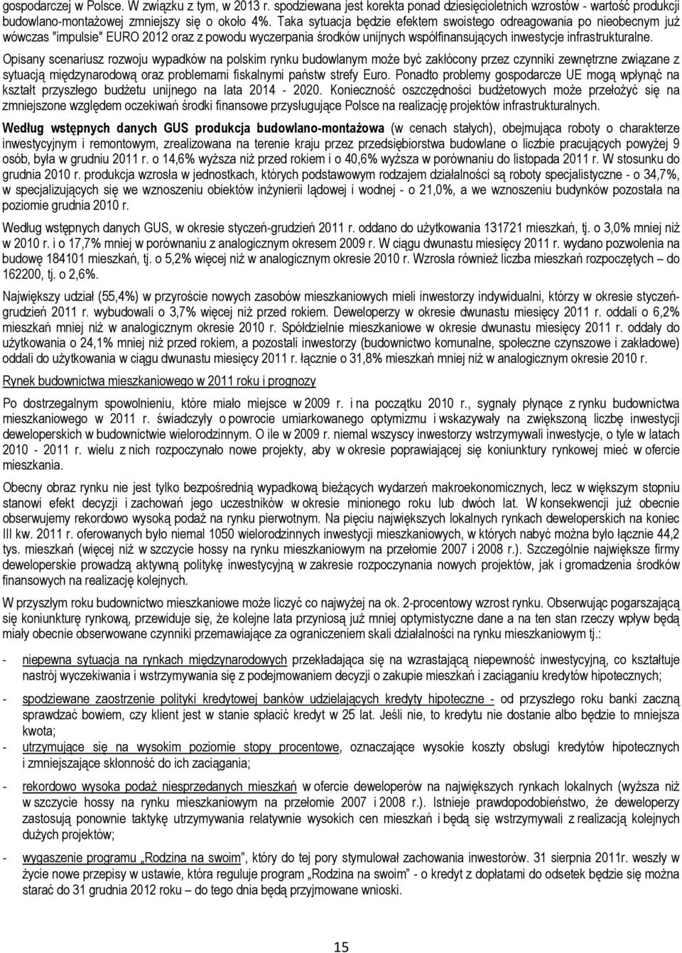 Opisany scenariusz rozwoju wypadków na polskim rynku budowlanym może być zakłócony przez czynniki zewnętrzne związane z sytuacją międzynarodową oraz problemami fiskalnymi państw strefy Euro.