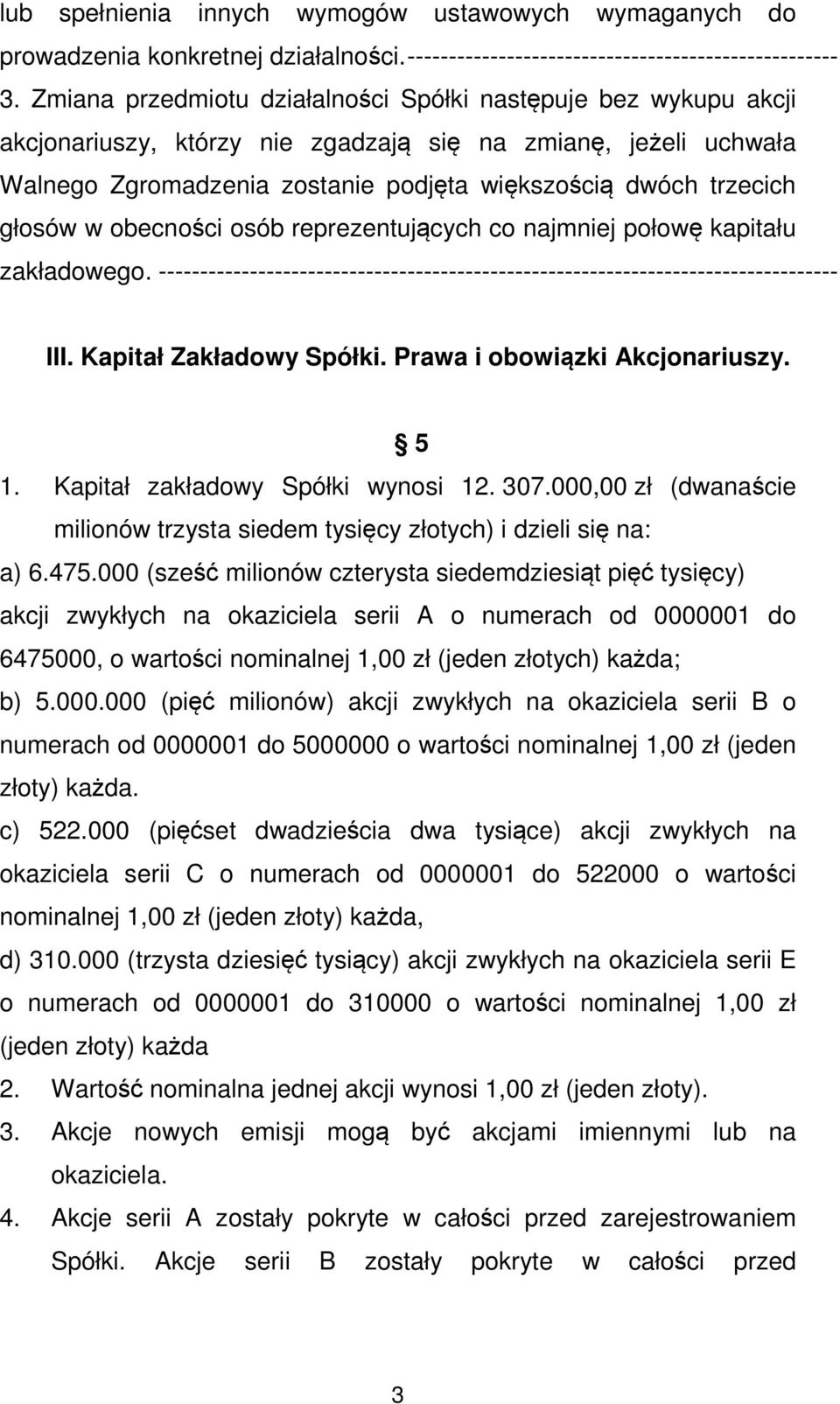 głosów w obecności osób reprezentujących co najmniej połowę kapitału zakładowego. ---------------------------------------------------------------------------------- III. Kapitał Zakładowy Spółki.