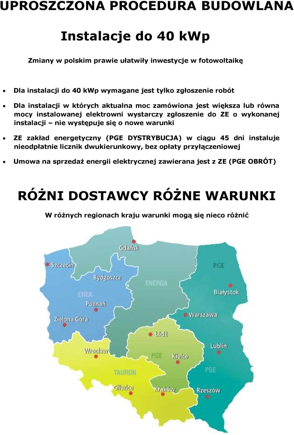 instalacji nie występuje się o nowe warunki ZE zakład energetyczny (PGE DYSTRYBUCJA) w ciągu 45 dni instaluje nieodpłatnie licznik dwukierunkowy, bez opłaty