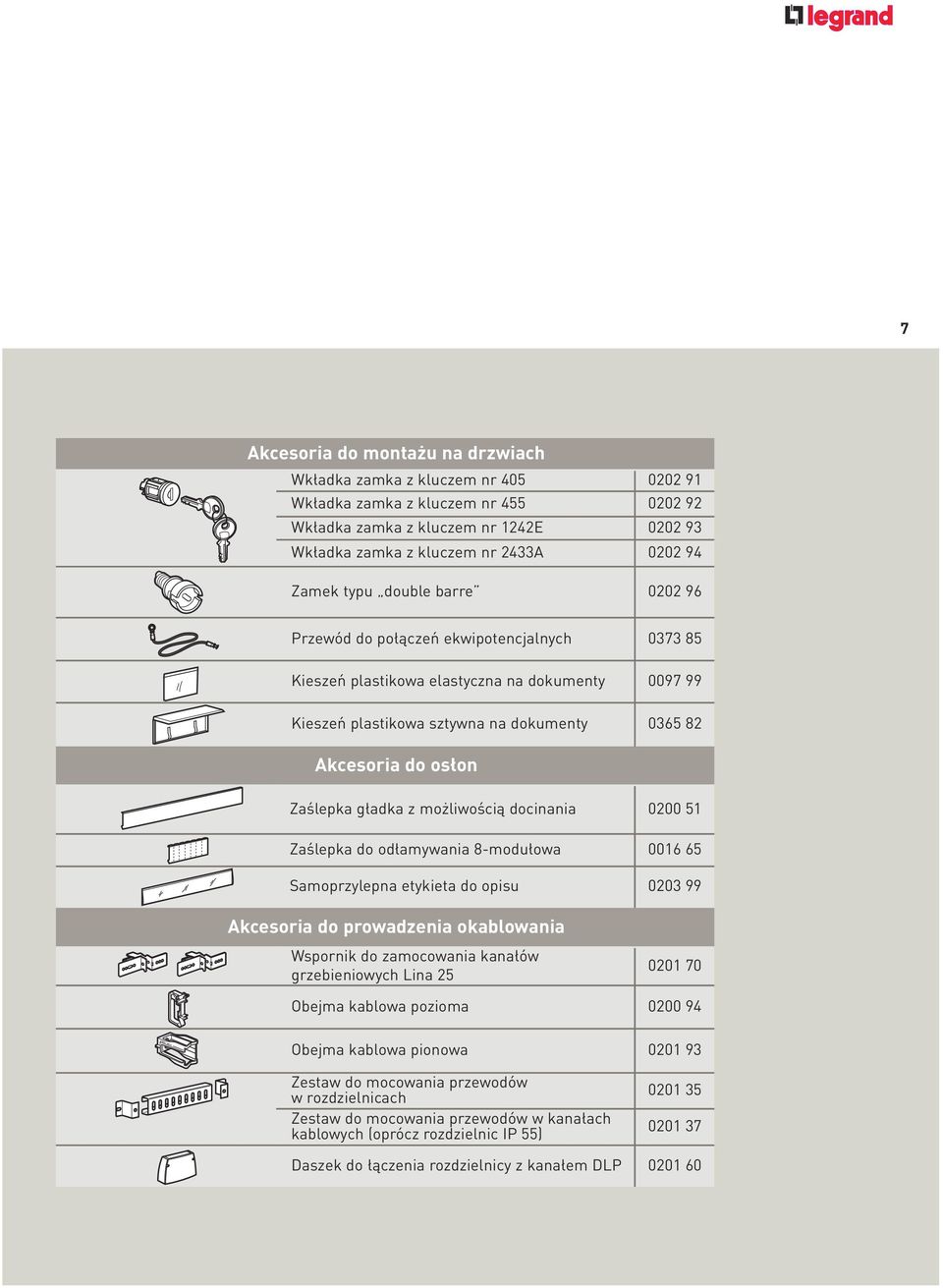 Zaślepka gładka z możliwością docinania 0200 51 Zaślepka do odłamywania 8-modułowa 0016 65 Samoprzylepna etykieta do opisu 0203 99 Akcesoria do prowadzenia okablowania Wspornik do zamocowania kanałów