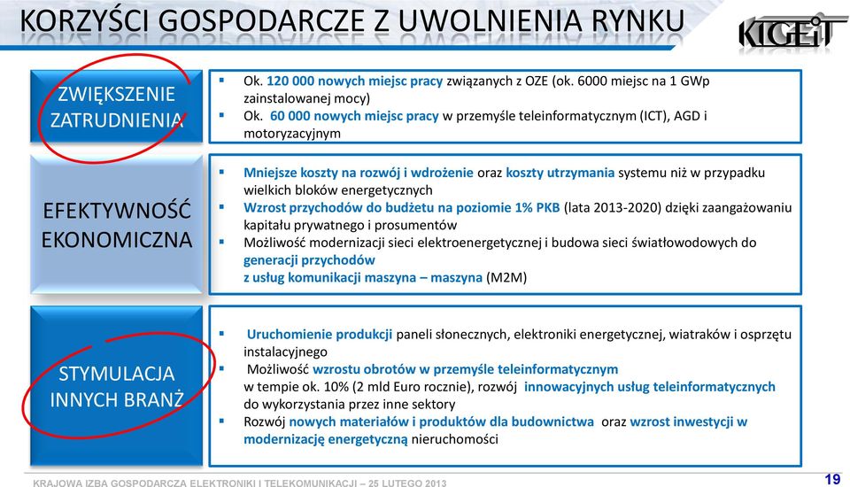 przychdów d budżetu na pzimie 1% PKB (lata 2013-2020) dzięki zaangażwaniu kapitału prywatneg i prsumentów Mżliwść mdernizacji sieci elektrenergetycznej i budwa sieci światłwdwych d generacji