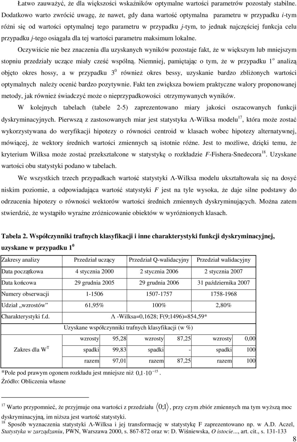 j-ego osiągała dla ej warości parameru maksimum lokalne. Oczywiście nie bez znaczenia dla uzyskanych wyników pozosaje fak, Ŝe w większym lub mniejszym sopniu przedziały uczące miały cześć wspólną.