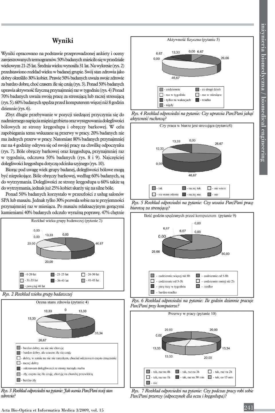 Prawie 50% badanych uważa swoje zdrowie za bardzo dobre, choć czasem źle się czują (rys. 3). Ponad 50% badanych uprawia aktywność fizyczną przynajmniej raz w tygodniu (rys.