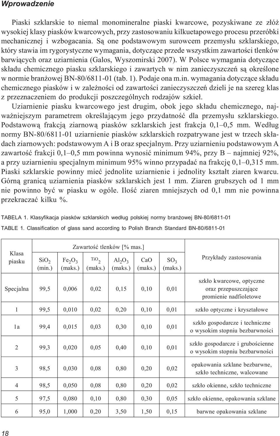 S¹ one podstawowym surowcem przemys³u szklarskiego, który stawia im rygorystyczne wymagania, dotycz¹ce przede wszystkim zawartoœci tlenków barwi¹cych oraz uziarnienia (Galos, Wyszomirski 2007).