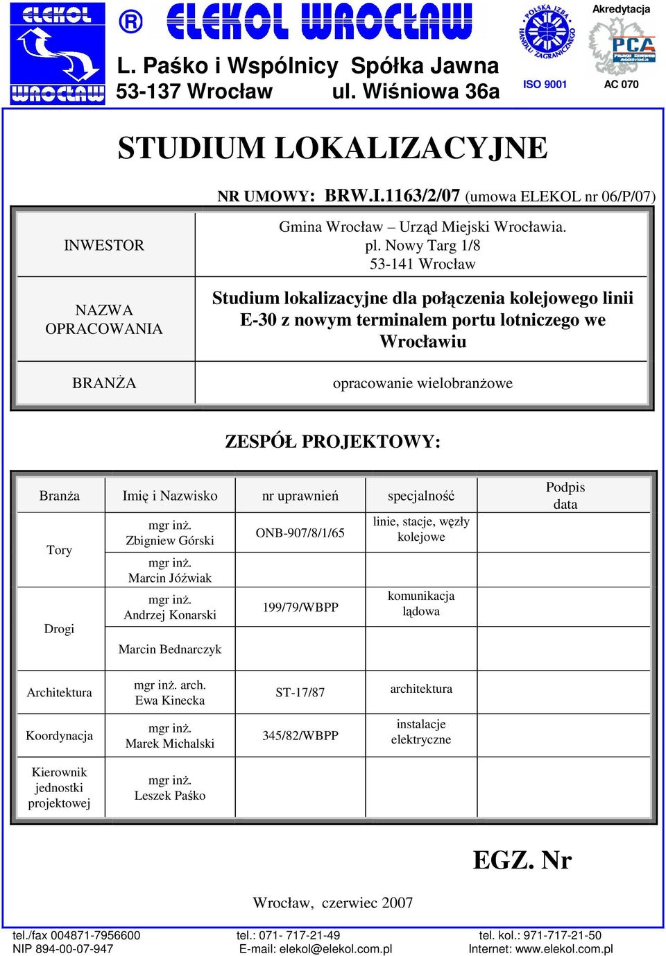 Nazwisko nr uprawnień specjalność Tory Drogi mgr inŝ. Zbigniew Górski mgr inŝ. Marcin Jóźwiak mgr inŝ.