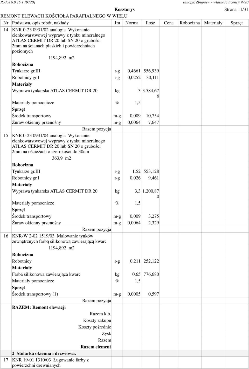 584,67 6 pomocnicze % 1,5 Środek transportowy m-g 0,009 10,754 Żuraw okienny przenośny m-g 0,0064 7,647 pozycja 15 KNR 0-23 0931/04 analogia Wykonanie cienkowarstwowej wyprawy z tynku mineralnego