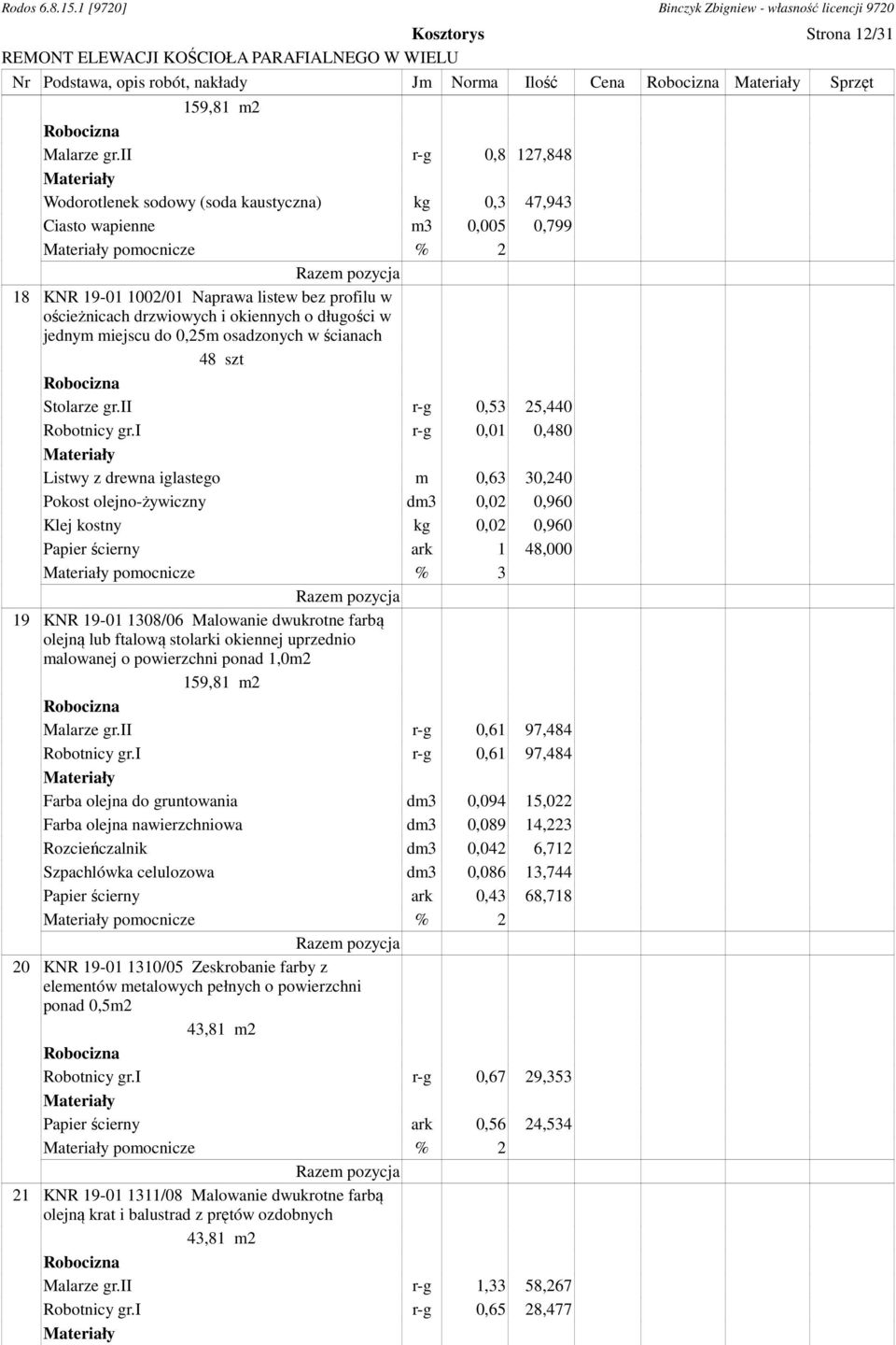 i okiennych o długości w jednym miejscu do 0,25m osadzonych w ścianach 48 szt Stolarze gr.ii r-g 0,53 25,440 Robotnicy gr.