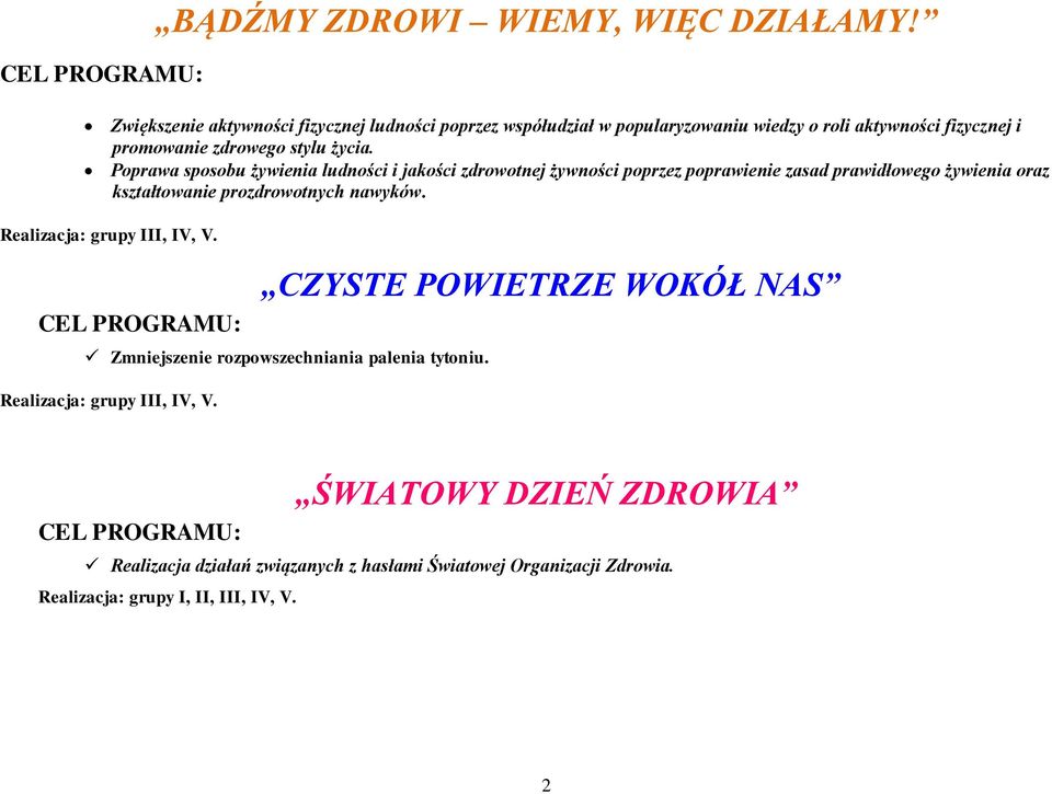 Poprawa sposobu żywienia ludności i jakości zdrowotnej żywności poprzez poprawienie zasad prawidłowego żywienia oraz kształtowanie prozdrowotnych nawyków.