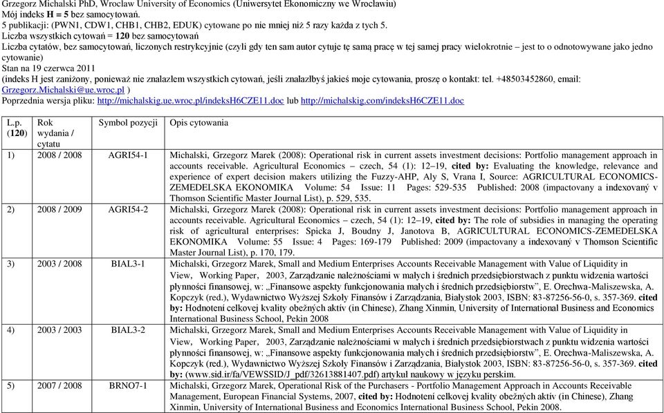 Liczba wszystkich cytowań = 120 bez samocytowań Liczba cytatów, bez samocytowań, liczonych restrykcyjnie (czyli gdy ten sam autor cytuje tę samą pracę w tej samej pracy wielokrotnie jest to o