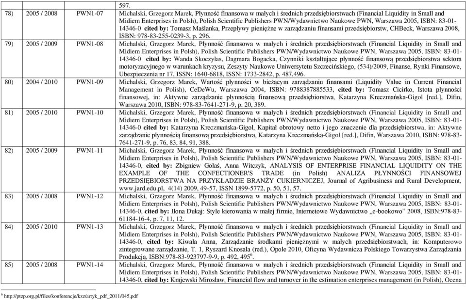 79) 2005 / 2009 PWN1-08 Michalski, Grzegorz Marek, Płynność finansowa w małych i średnich przedsiębiorstwach (Financial Liquidity in Small and 14346-0 cited by: Wanda Skoczylas, Dagmara Bogacka,