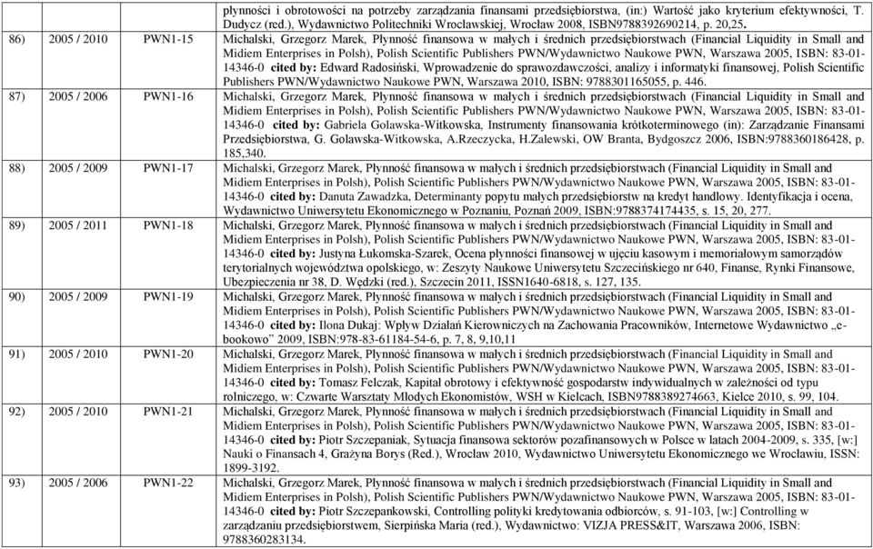 86) 2005 / 2010 PWN1-15 Michalski, Grzegorz Marek, Płynność finansowa w małych i średnich przedsiębiorstwach (Financial Liquidity in Small and 14346-0 cited by: Edward Radosiński, Wprowadzenie do