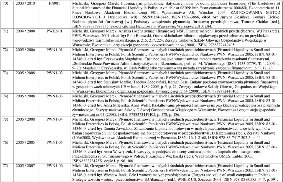 , ISSN:0324-8445, ISSN:1507-3866, cited by: Justyna Kosińska, Tomasz Cicirko, Badanie płynności finansowej [w:] Podstawy zarządzania płynnością finansową przedsiębiorstwa, Tomasz Cicirko [red.