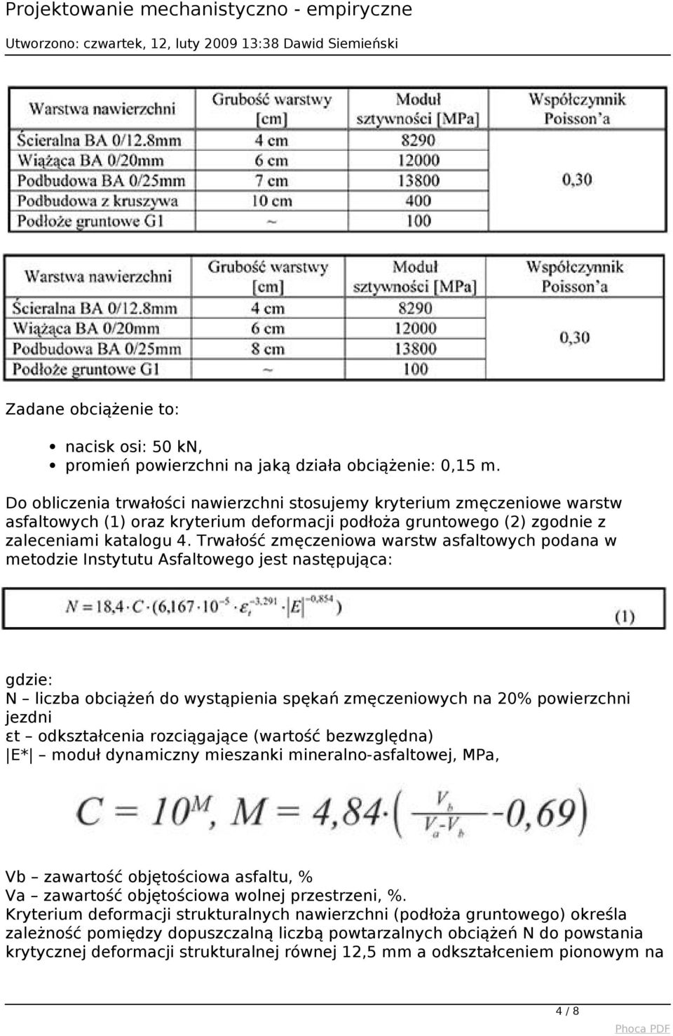 Trwałość zmęczeniowa warstw asfaltowych podana w metodzie Instytutu Asfaltowego jest następująca: gdzie: N liczba obciążeń do wystąpienia spękań zmęczeniowych na 20% powierzchni jezdni εt