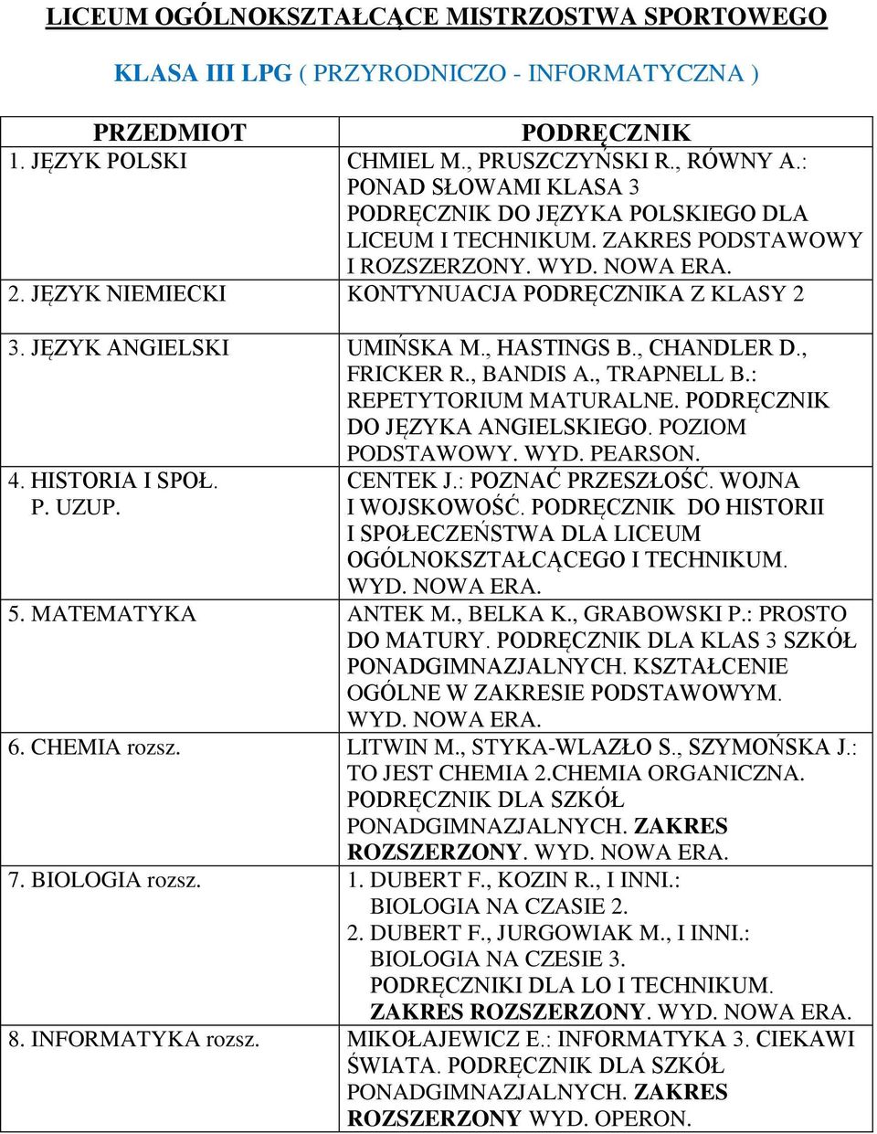 , FRICKER R., BANDIS A., TRAPNELL B.: REPETYTORIUM MATURALNE. DO JĘZYKA ANGIELSKIEGO. POZIOM PODSTAWOWY. WYD. PEARSON. 4. HISTORIA I SPOŁ. P. UZUP. CENTEK J.: POZNAĆ PRZESZŁOŚĆ. WOJNA I WOJSKOWOŚĆ.