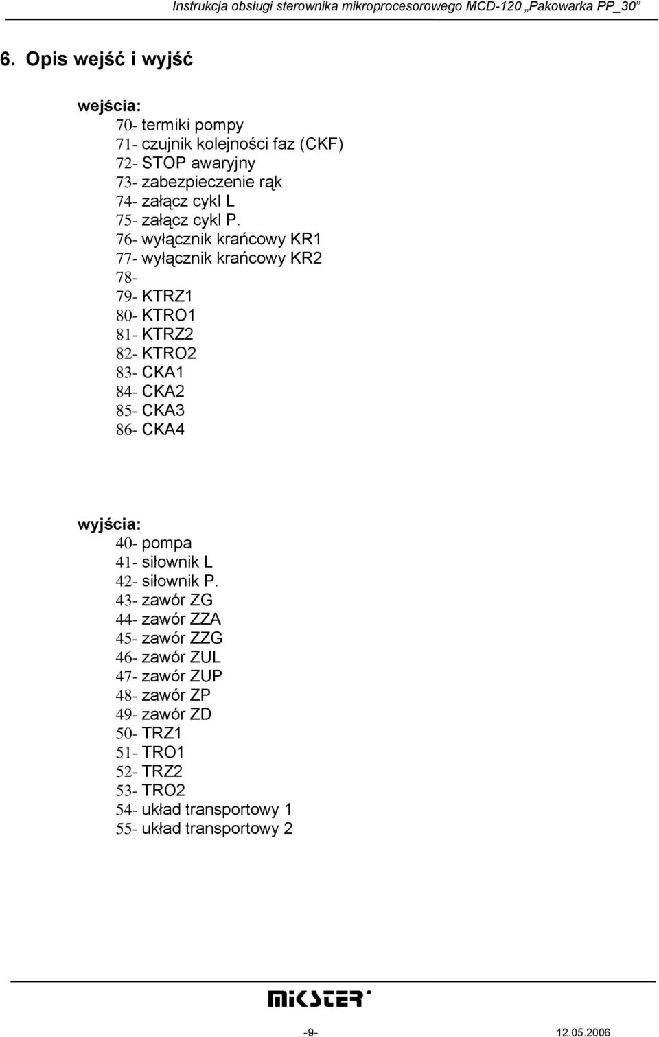 76- wyłącznik krańcowy KR1 77- wyłącznik krańcowy KR2 78-79- KTRZ1 80- KTRO1 81- KTRZ2 82- KTRO2 83- CKA1 84- CKA2 85- CKA3 86- CKA4