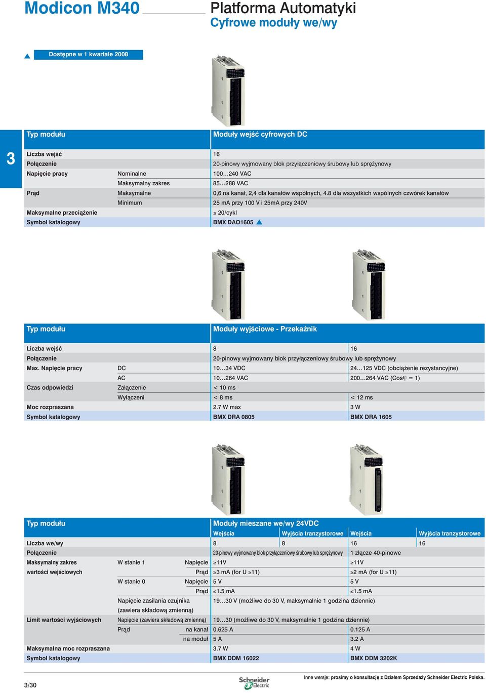 8 dla wszystkich wspólnych czwórek kanałów Minimum 25 ma przy 100 V i 25mA przy 240V Maksymalne przecià enie 20/cykl Symbol katalogowy BMX DAO1605 Moduły wyjêciowe - Przekaênik Liczba wejêç 8 16